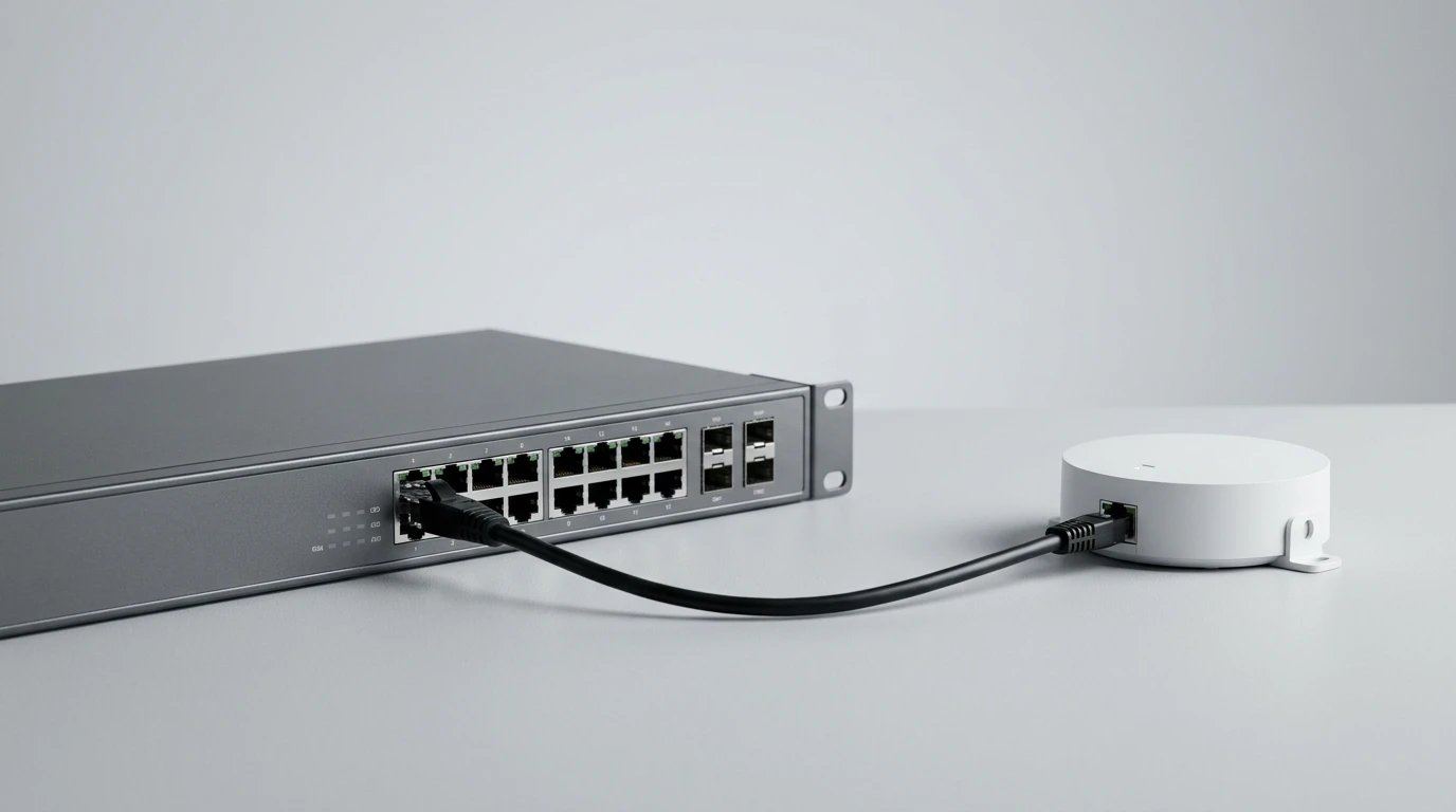 Power over Ethernet setup in Saudi Arabia showing PoE switches, IP phones, cameras, and network cabling